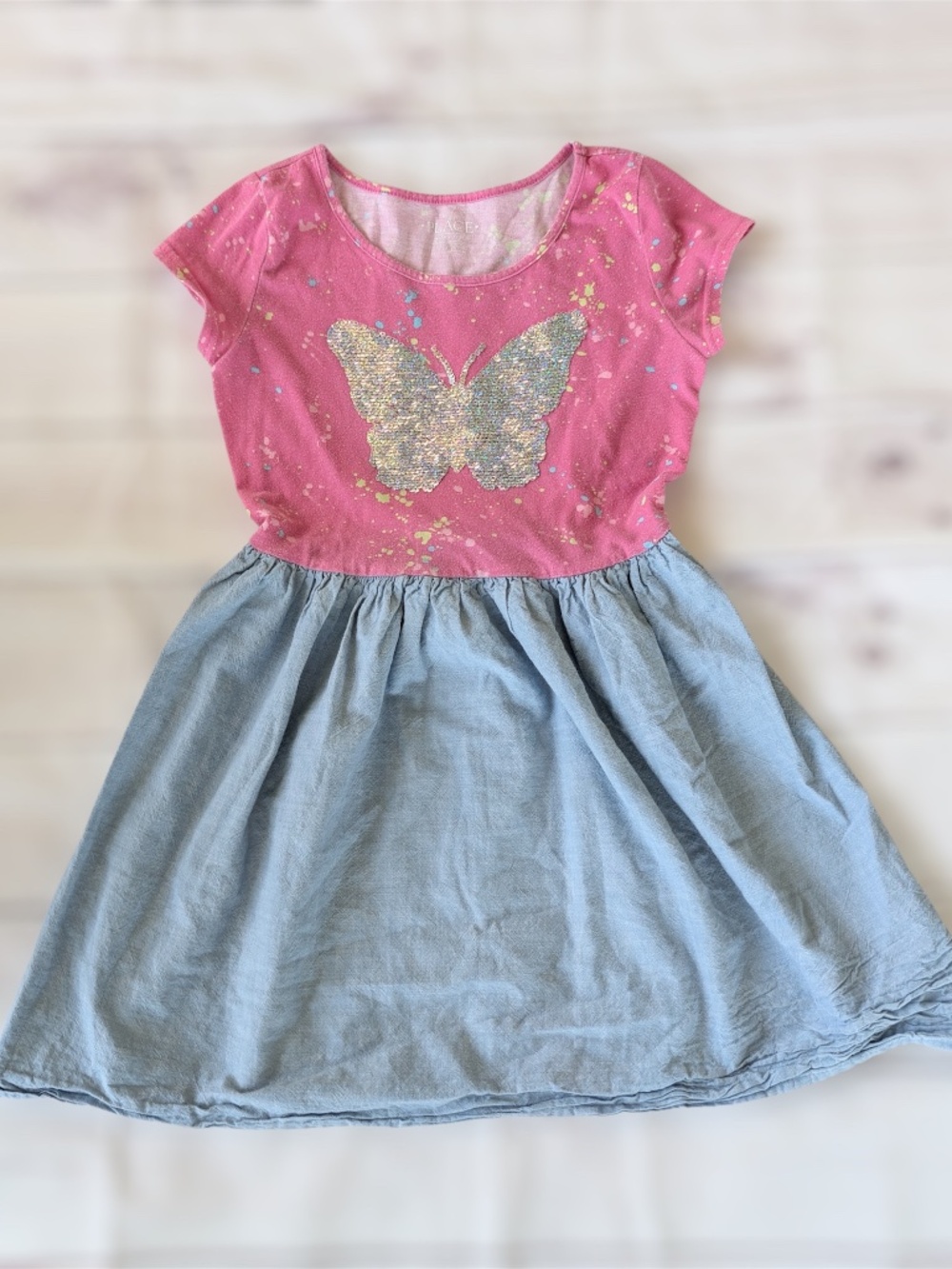 Children's Place Girl's Dress Pink Cotton Blue Butterfly - Medium 7/8 Sequin